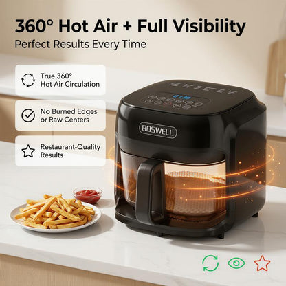 BOSWELL 7.5QT Glass Air Fryer with Transparent Bowl, 5-In-1 Rapid Heating, Dishwasher-Safe Design, Oil-Free, Healthy Crispy Air Fryer