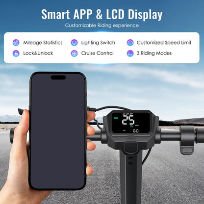 Max Pro Electric Scooter 500W Rear Drive Motor 25MPH Top Speed Dual Hydraulic Suspension 15Ah Large Battery 28 Miles Long Range 5H Fast Charging Foldable Design Smart APP Control Front and Rear Lights Official Warranty