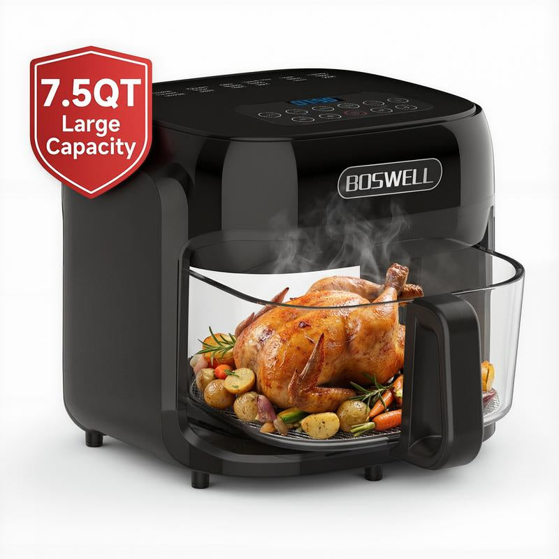 BOSWELL 7.5QT Glass Air Fryer with Transparent Bowl, 5-In-1 Rapid Heating, Dishwasher-Safe Design, Oil-Free, Healthy Crispy Air Fryer