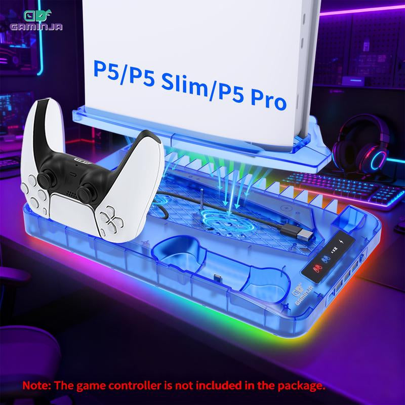 GAMINJA P58 Charging Base Cooling Bracket Compatible with PS5 Console, Vertical Stand Cooling Fan, Multi-Functional Cooling & Charging Station for PS5 Slim Pro All Model Universal