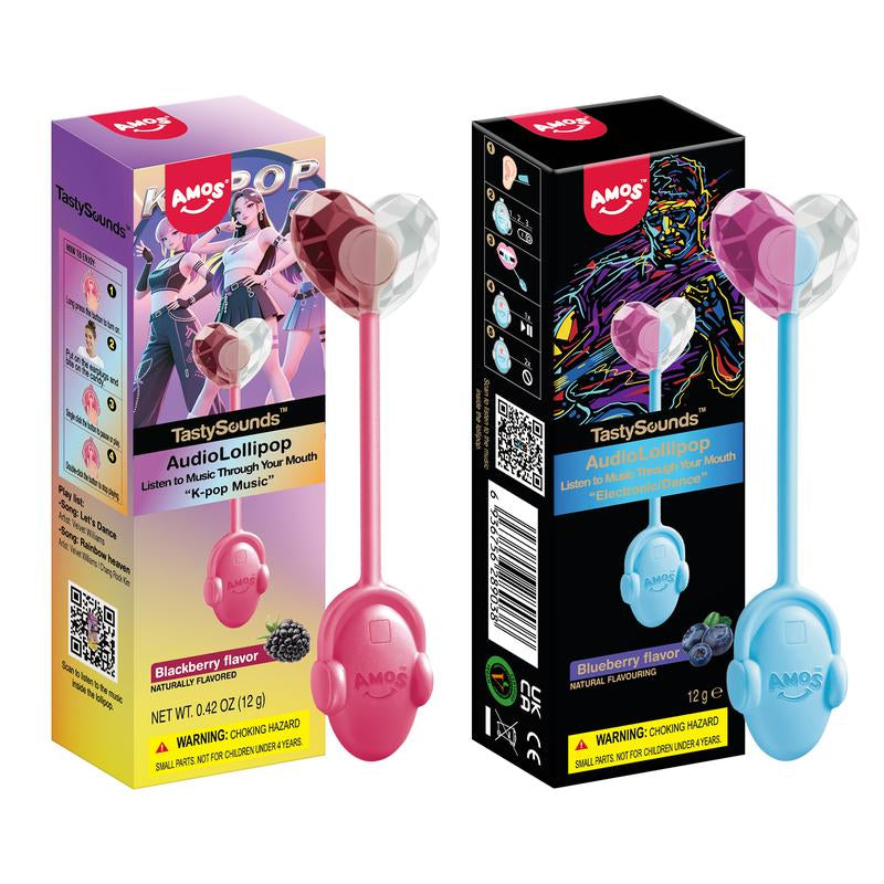 Amos Tastysounds Music Lollipops – Heart-Shaped, Sugar-Free Audio Candies with Bone Conduction Tech | K-Pop Vibe | Strawberry, Blueberry, Watermelon, Blackberry