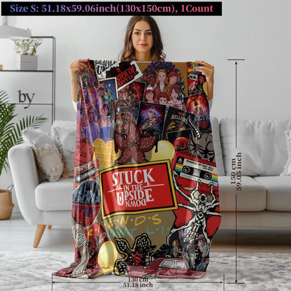 Stranger Things Collage-Style Flannel Blanket, Soft Cozy Warm, Features Upside down & Demogorgon, Ideal Gift for Netflix Fans