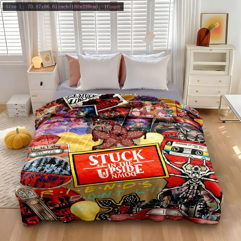 Stranger Things Collage-Style Flannel Blanket, Soft Cozy Warm, Features Upside down & Demogorgon, Ideal Gift for Netflix Fans