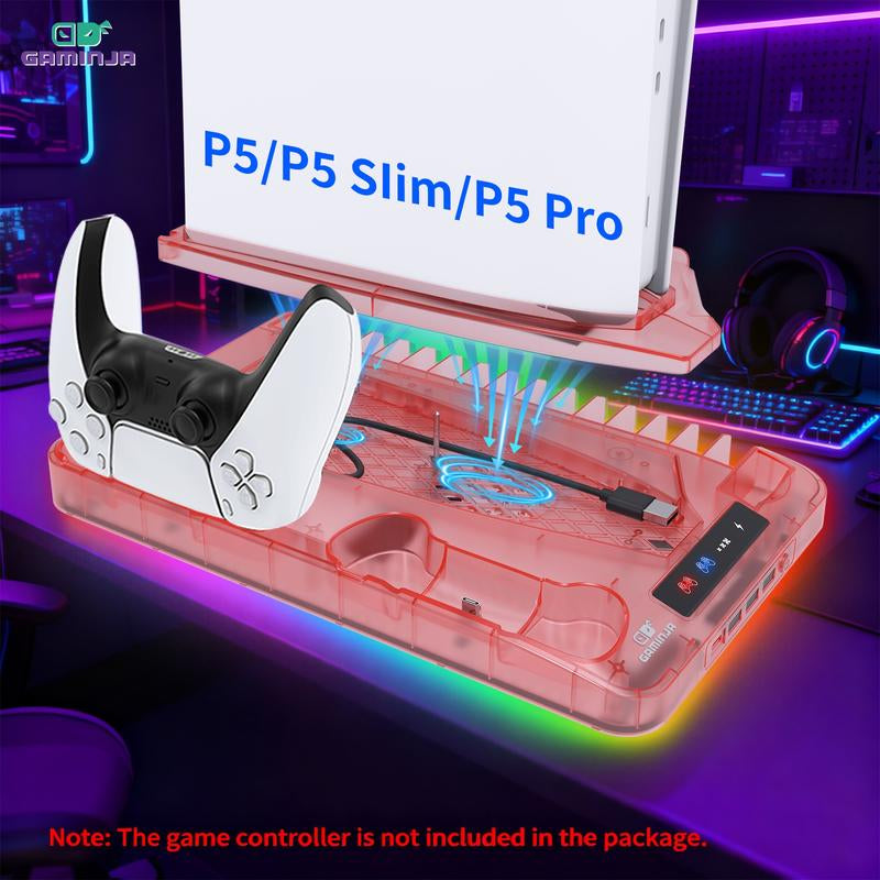 GAMINJA P58 Charging Base Cooling Bracket Compatible with PS5 Console, Vertical Stand Cooling Fan, Multi-Functional Cooling & Charging Station for PS5 Slim Pro All Model Universal